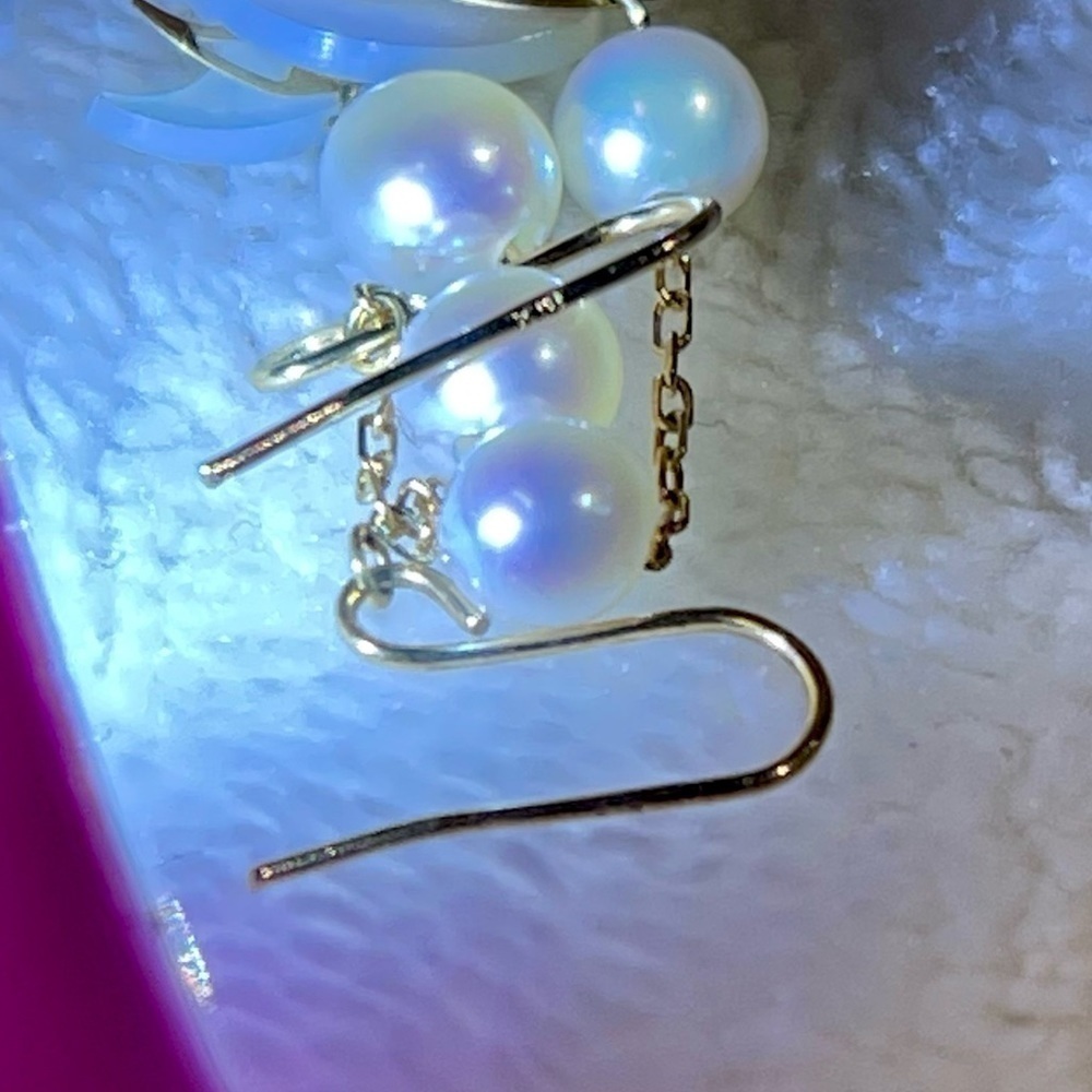 14k japan yellow gold dangling earrings with fresh water pearl - Picture 7 of 11